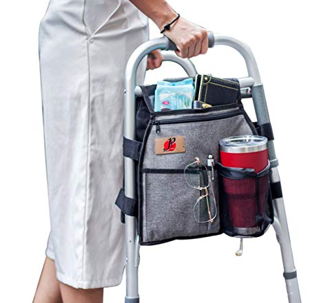 Side Walker(Double Sided) Attachments Bags with Cup Holder for Folding Walker by P&F | Hanging Pouch for Walkers | Adult Folding Walker Accessories for Seniors or Elderly (Gray)