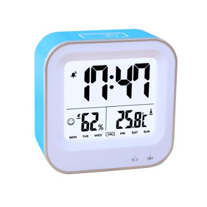 Travel Alarm Clock, Samshow Rechargeable Digital Clock with 12/24h, Temperature(C/F), Humidity, Week Display, Snooze, Sensor Backlight (Blue, Build-IN Battery)