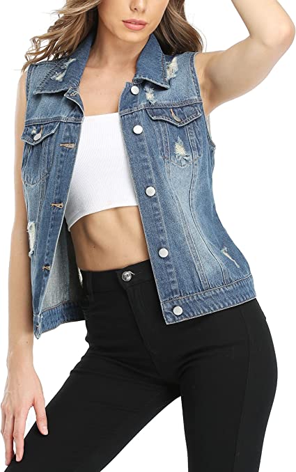 Dilgul Women's Lapel Denim Vest Jacket Slim Fit Sleeveless Button Down Ripped Jeans Vests