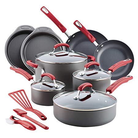 Rachael Ray 87670 15-Piece Hard Anodized Aluminum Cookware Set, Gray with Red Handles