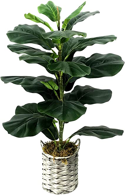 WANGYANG Artificial Fiddle Leaf Fig Tree Floor Plant Fake Plants Faux Ficus Lyrata 28 Inch in Grey Woven Pot for Indoor Decor -1 Pack