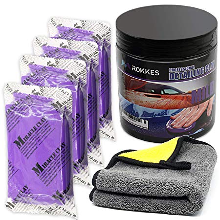 ROKKES Clay Bar Kit Car Detailing Magic Clay Bars 4 Block x100g Wild Auto Claybars with Washing and Adsorption, for Cars Printwork, Automotive Glass, 600GSM Professional Towel Included