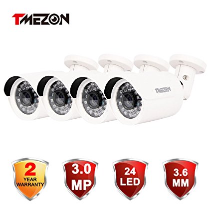 TEMZON 4 Pack HD 1080P 3.0MP POE HD 2048TVL IP66 Bullet Network IP Camera IR IP Security Surveillance Day Night In/outdoor Camera