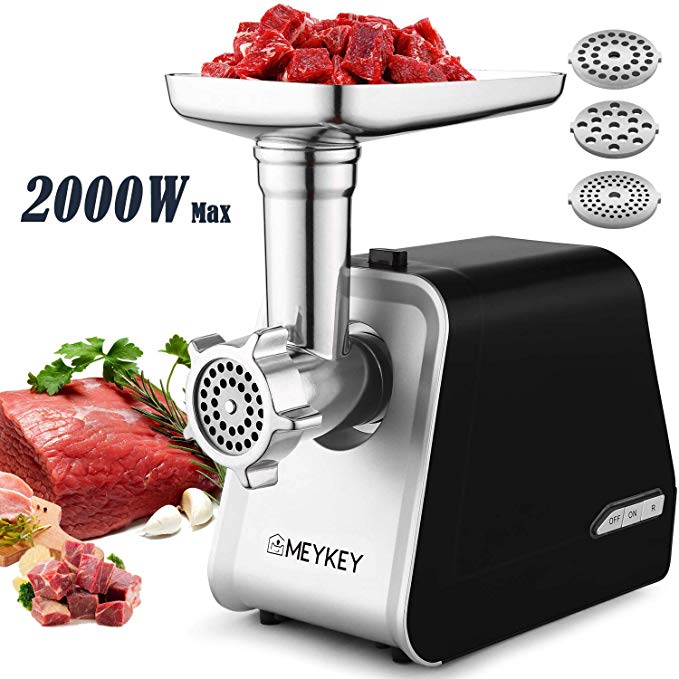 Electric Meat Grinder, Meat Mincer with 3 Grinding Plates and Sausage Stuffing Tubes for Home Use &Commercial, Stainless Steel/Silver/2000W Max (2000Watt)