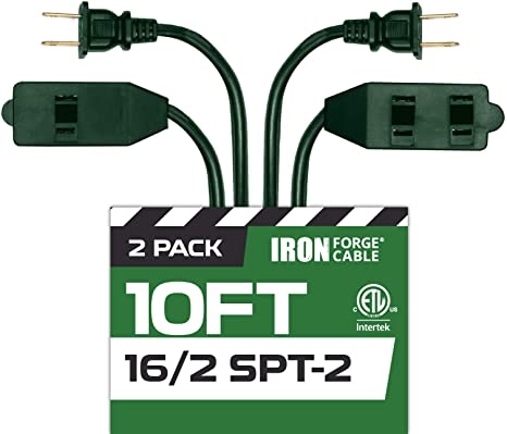 10 Ft Green Extension Cord 2 Pack - 16/2 Durable Electrical Cable with 3 Power Outlets - Great for Powering Christmas Decorations