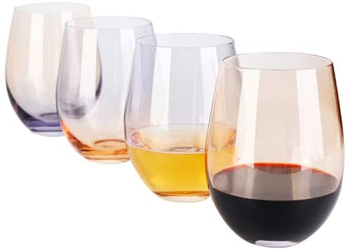 DESIGN·MASTER Colorful Stemless Wine Glasses, 2020 Fashion Trends, Lead-free Drinking Glasses, Ideal for Red and White Wine, Cocktail, Water and Party Gifts. 18 OZ, Set of 4 (Smoke grey & Whiskey)