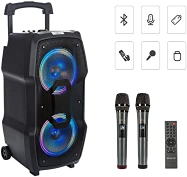 VeGue Bluetooth Karaoke Machine for Kids and Adults, Wireless PA System with Dual 8'' Subwoofers, 2 Wireless Mics, Colorful LED Lights, Ideal for Party, Class,Church