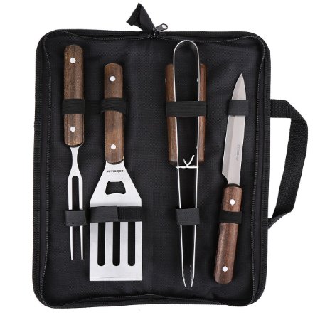 Blusmart thicker Stainless-Steel Wood Handle Barbecue BBQ Tool Set Deluxe grill accessories fabric storage Case with zipper(4pcs)