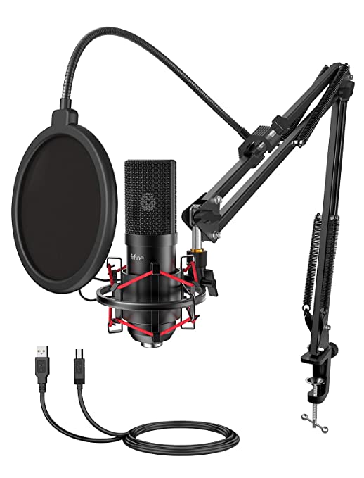 FIFINE USB Gaming Microphone Set with Flexible Arm Stand Pop Filter, Plug and Play with PC Desktop Laptop Computer, Streaming Podcast Mic Kit for Home Studio (T732), Black