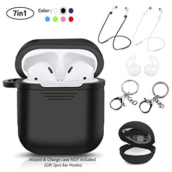 LKDEPO 7 in 1 Accessories Set [ Include Protective Silicone Case Cover/Ear Hook/Keychain/Strap/Travel Coin Bag ] (Black)