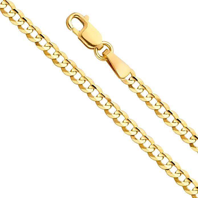 14k Yellow OR White Gold Solid 2.5mm Cuban Curb Chain Necklace with Lobster Claw Clasp