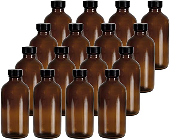 Bekith 16 Pack 8 oz Amber Boston Round Glass Bottle with Black Poly Cone Cap