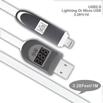 NASKY 2 in 1 Cable 3.3ft Fast charging Lightning USB Cable with Current Voltage Monitor - Smart LCD Display for iPhone, Sumsung, Motorola, Nokia and More (White)