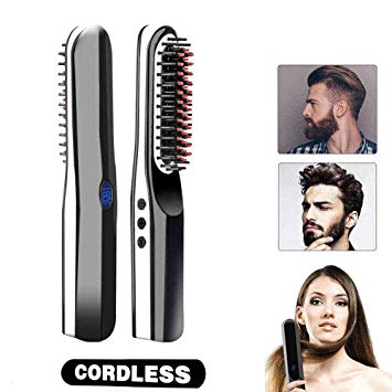 Cordless Straightening Brush, Portable Anti-Scald Beard Straightening Brush with LCD Display-Beard Comb, 2 in 1 USB Rechargeable Hair Comb Curling Iron Comb For All Hair Types