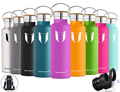 Super Sparrow Stainless Steel Vacuum Insulated Water Bottle - Double Wall Design - Standard Mouth - 500ml & 750ml & 1000ml - Non-Toxic BPA Free - Ideal as Sports Bottle - 2 Lids