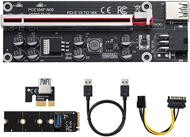 MZHOU PCI-E 1X to 16X Riser Card with M.2 to PCI-E X1 NGFF Slot NVME Adapter Card,for Bitcoin Crypto Mining Ethereum Mining（Black）