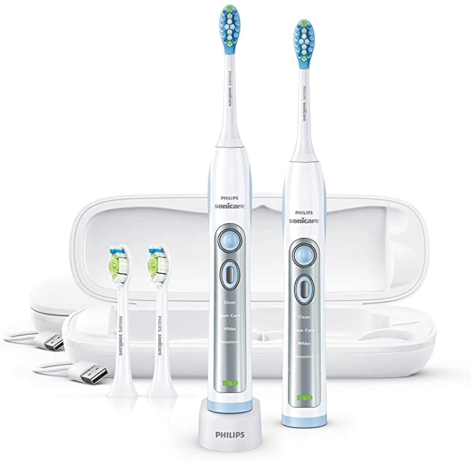 Philips Sonicare FlexCare Whitening Edition Rechargeable Toothbrush 2-Pack Bundle HX6964/77 (2 FlexCare Handles, 2 DiamondClean & 2 Plaque Control Brush Heads, 2 USB Charging Travel Cases)