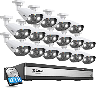 ZOSI 4K 16CH Spotlight PoE Security Camera System with Audio,H.265  16CH 8MP NVR with 4TB HDD,16pcs 4K PoE IP Cameras Outdoor,Motion Detection,Remote Access,Sound&Light Alarm,for 24/7 Home Recording