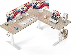 Cubiker 63" L Shaped Electric Standing Desk, Height Adjustable Stand up Corner Desk, Sit Stand Home Office Desk with Splice Board, Light Walnut Top