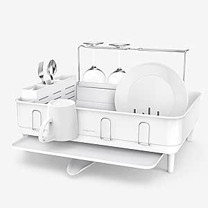 simplehuman Kitchen Dish Drying Rack with Swivel Spout, Fingerprint-Proof Stainless Steel Frame, All-White Steel