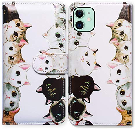 Bcov iPhone 11 Case, White Black Cute Cats Flip Leather Case Wallet Cover with Credit Card Slot ID Card Holder Kickstand for iPhone 11