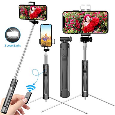 Yarrashop Selfie Stick with Fill Light and Wireless Bluetooth Remote Control, Extendable Selfie Stick With Tripod for iphone Xs Max/Xs/XR/X/8/8plus and Sumsung A9s/S9/note9/S8/S7,etc (Black)