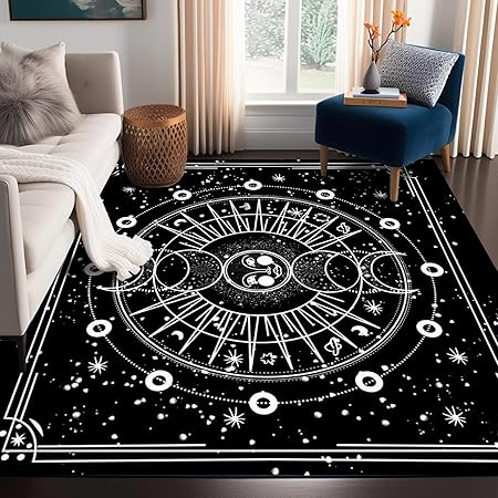 Large Sun and Moon Rug Boho Celestial Area Rugs for Bedroom Dorm Living Room Bohemian Occult Crescent Solar Stars Galaxy Floor Mat Pad Doormat,71" X 47",Black