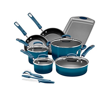 Rachael Ray Hard Porcelain Enamel Nonstick Cookware Set, 14-Piece, Blue Gradient