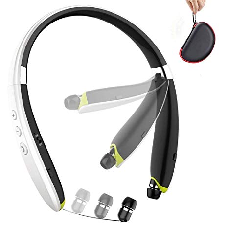 Foldable Bluetooth Headset,Wireless Bluetooth Headphones with Retractable Earbuds,Handsfree Calling Bluetooth Sweat proof Sport Headphones Built in Mic for Bluetooth Enabled Devices (white case)