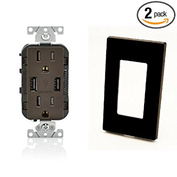 2-Pack Leviton T5632-B 15-Amp USB Charger/Tamper Resistant Duplex Receptacle, with Screwless Wallplates, Brown