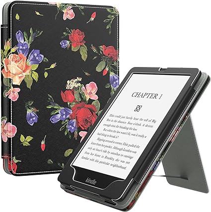 MoKo Case for Kindle Paperwhite 11th Generation 2021 Release, Slim PU Shell Cover with Auto-Wake/Sleep, Rose On Black