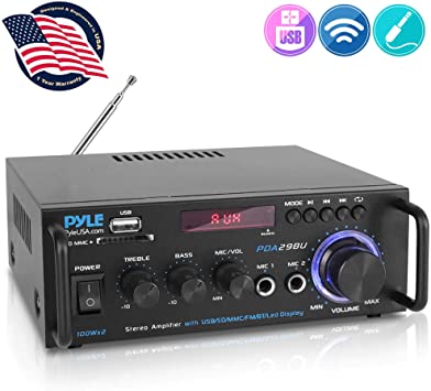 Wireless Bluetooth Stereo Power Amplifier - 200W Dual Channel Sound Audio Stereo Receiver System w/RCA, USB, SD, MIC in, FM Radio, for Home Theater Entertainment via RCA, Studio Use - Pyle PDA29BU