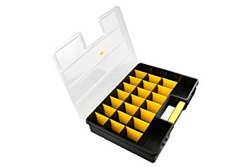 SE 87322DB 26 Compartment Plastic Storage Box with Adjustable Sections, 18" x 12" x 3"/Large, Black/Yellow/Clear