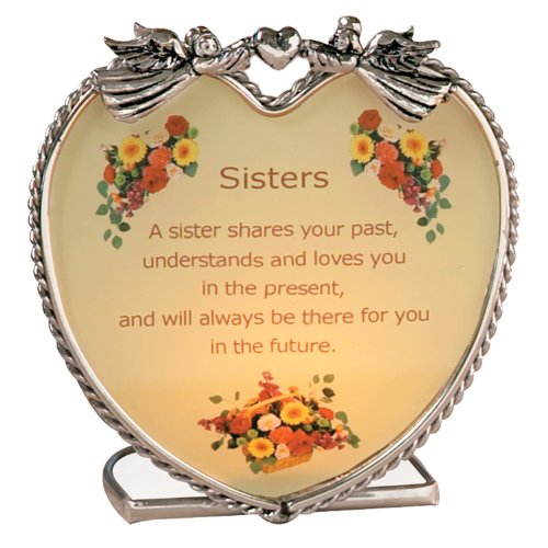 Sisters Candle Holder with Touching Poem - Heart Shaped Glass and Metal with Angels and Flowers - Inspirational Message Gift for Sister