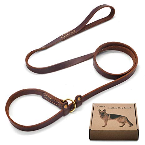 Wellbro Real Leather Slip Lead Dog Leash, Adjustable Stitched Pet Slip Leads with Slider, Heavy Duty Flat Dog Training Leashes for Medium and Large Dogs,Brown