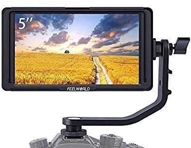 FEELWORLD F5 5 Inch Camera Field Monitor 1920x1080 DSLR Full HD 4K IPS Video Peaking Focus HDMI 8.4V DC with Tilt Arm and AC Adapter (with Battery and Charger)