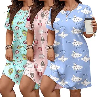 Ekouaer 3 Pack Women's Sleepshirts Short Sleeve Nightshirt Soft Nightgown Button Down Sleepwear (Available in Plus Size)