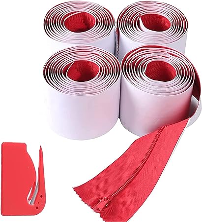 (4-Pack) Heavy-Duty Dust Protector Zipper (Red) - Self-Adhesive Instant Door Zipper - 7 Ft Long x 3 in Wide Zipper - Includes 4 Zippers and Plastic Sheeting Cutter Accessories