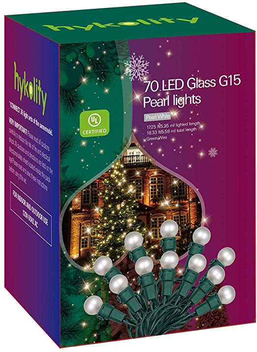 hykolity LED G15 Christmas Light, 18.3FT, 70-Light, Pearl White, Connect Up to 36 Sets, Xmas String Light for Indoor and Outdoor, UL Listed