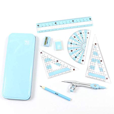 MeetUs 8 Pcs Compass/Math Set for Students with Shatterproof Storage Box, Geometry Set for School, Includes Ruler, Protractor, Compass, Pencil,Pencil Sharpener and Eraser,etc. Perfect Gift
