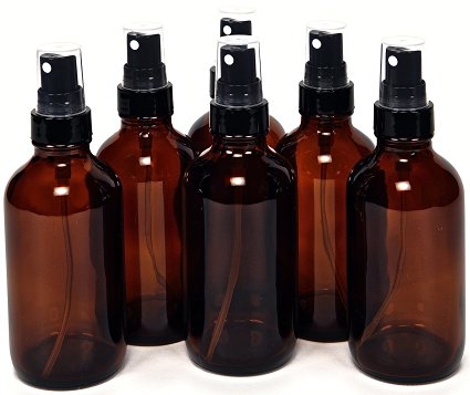 6 New, High Quality, 4 oz Amber Glass Bottles, with Black Fine Mist Sprayers