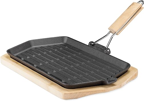 Navaris Sizzling Cast Iron Skillet Set - Fajita Grill Pan with Removable Handle for Fajitas, Steak, Sizzler Dishes 13.4" x 8" - Includes Wood Trivet