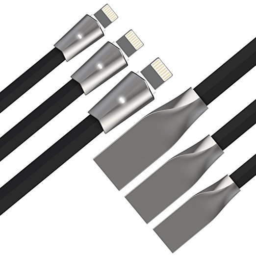 Aimus Lightning to USB Cable Tangle-Free with LED Light 3Pack [2Pack 4FT 6FT] 8 Pin Charging Cord for iPhone 7,SE,5,5s,6,6s,6 Plus,iPad Air,Mini,iPod (Black)