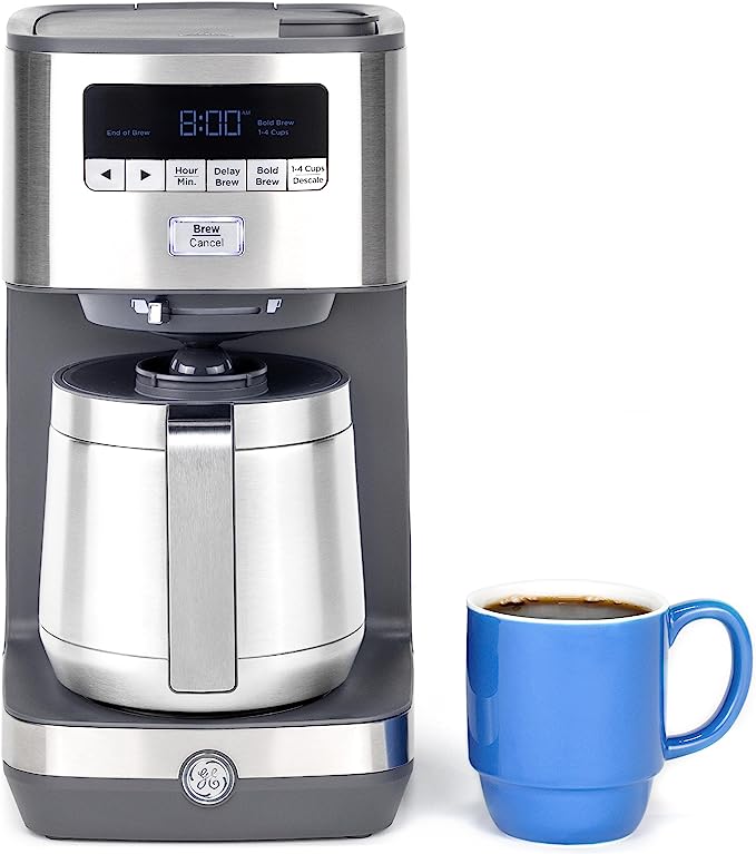 GE Drip Coffee Maker With Timer | 10-Cup Thermal Carafe Coffee Pot Keeps Coffee Warm for 2 Hours | Adjustable Brew Strength | Wide Shower Head for Maximum Flavor | Kitchen Essentials | Stainless Steel