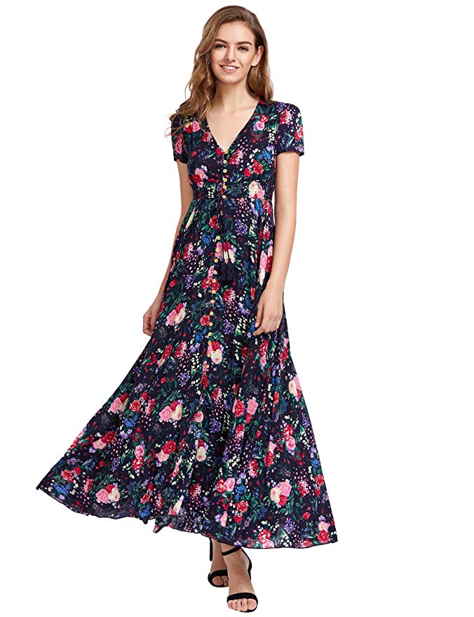 Milumia Women Floral Print Button Up Split Flowy Party Maxi Dress