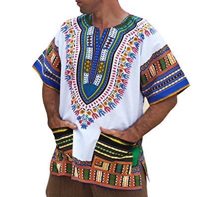 RaanPahMuang Brand Unisex Bright African White Dashiki Cotton Shirt