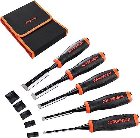 Jorgensen Wood Chisel Set, 5 Pieces Wood Carving Chisels (1/4", 3/8", 1/2", 3/4", 1"), Cr-V Bevel Edge Chisels with Steel Strike Caps, Professional Woodworking Tools with Storage Bag