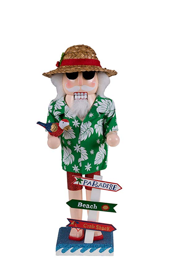 Clever Creations Traditional Beach Santa Claus Wooden Christmas Nutcracker Festive Holiday Decor | Wearing Hawaiian Shirt & Straw Hat | Holding a Parrot | 100% Wood | 14" Tall