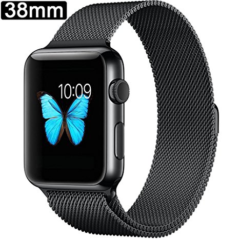 Apple Watch Band Series 1 Series 2, PUGO TOP® 38mm Black Magnetic Milanese Loop Stainless Steel Bracelet Strap Replacement Wrist Band for Apple Watch Sport & Edition (38mm Black)