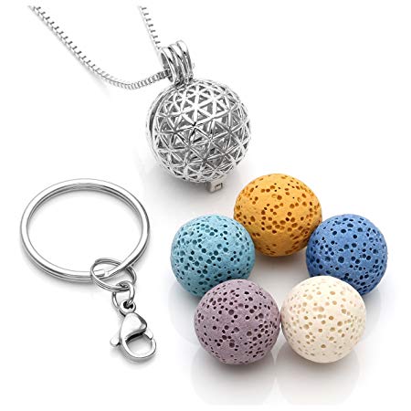 JOVIVI Flower of Life Locket Essential Oil Diffuser Necklace   5 Lava Rock Stone Beads   Stainless Steel Key Ring Keychain Anxiety Stress Gifts